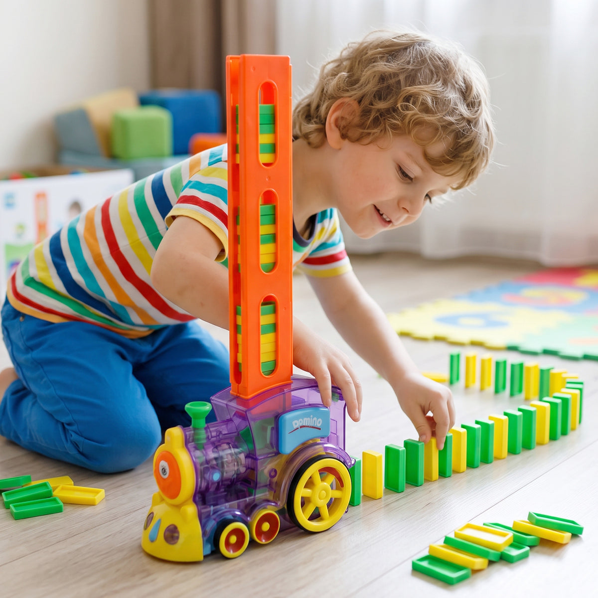 Automatic Domino Laying Train Engine Toy With Light And Music For Kids (1 Pc)