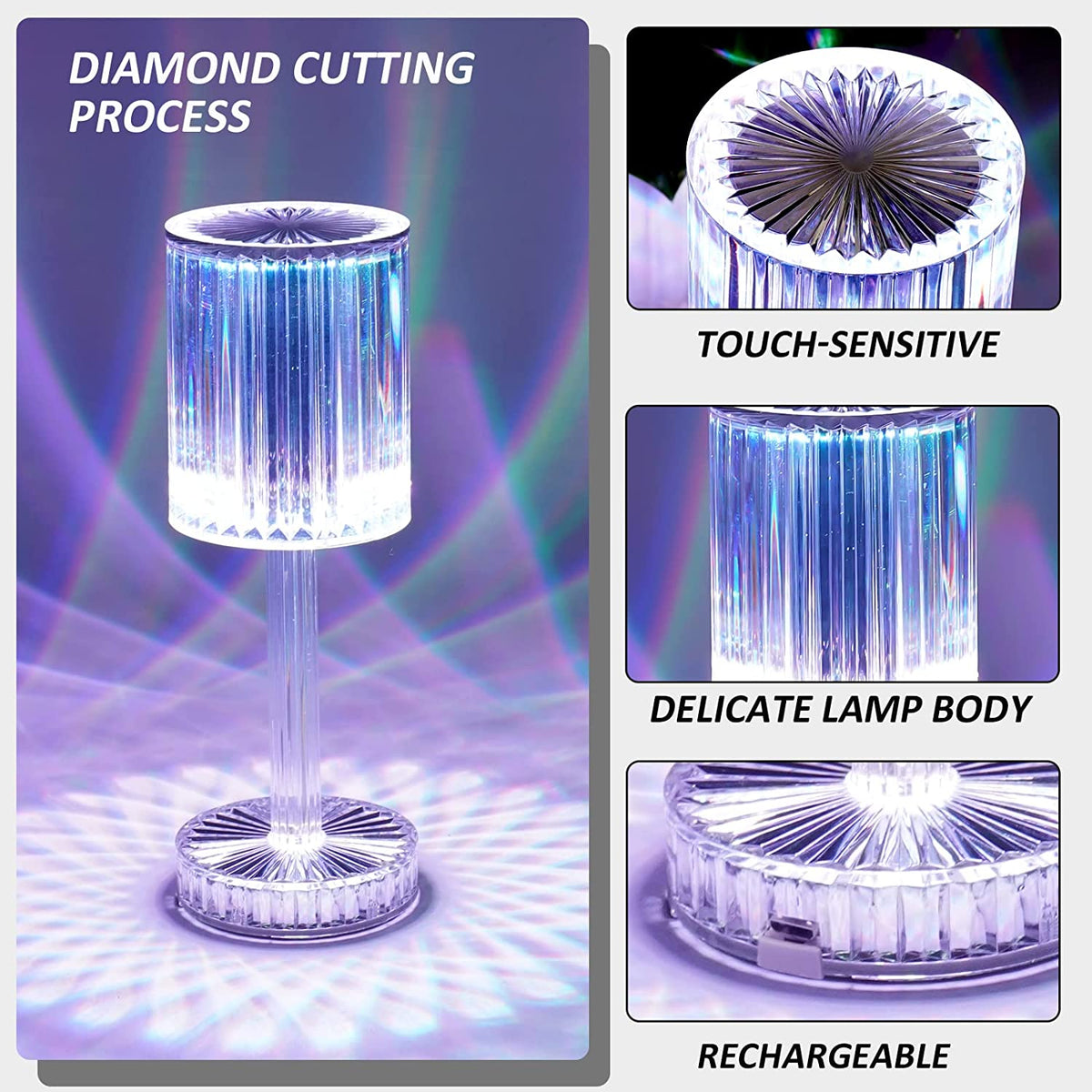 6605 Crystal Table Lamp  Touch Control Atmosphere Nightstand Lamp With Usb Charging Line
